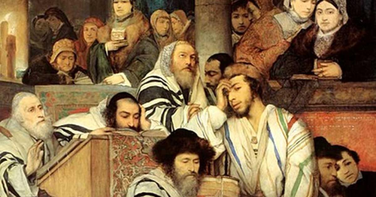Detail of ‘Ashkenazi Jews praying in the Synagogue on Yom Kippur. (1878 painting by Maurycy Gottlieb)