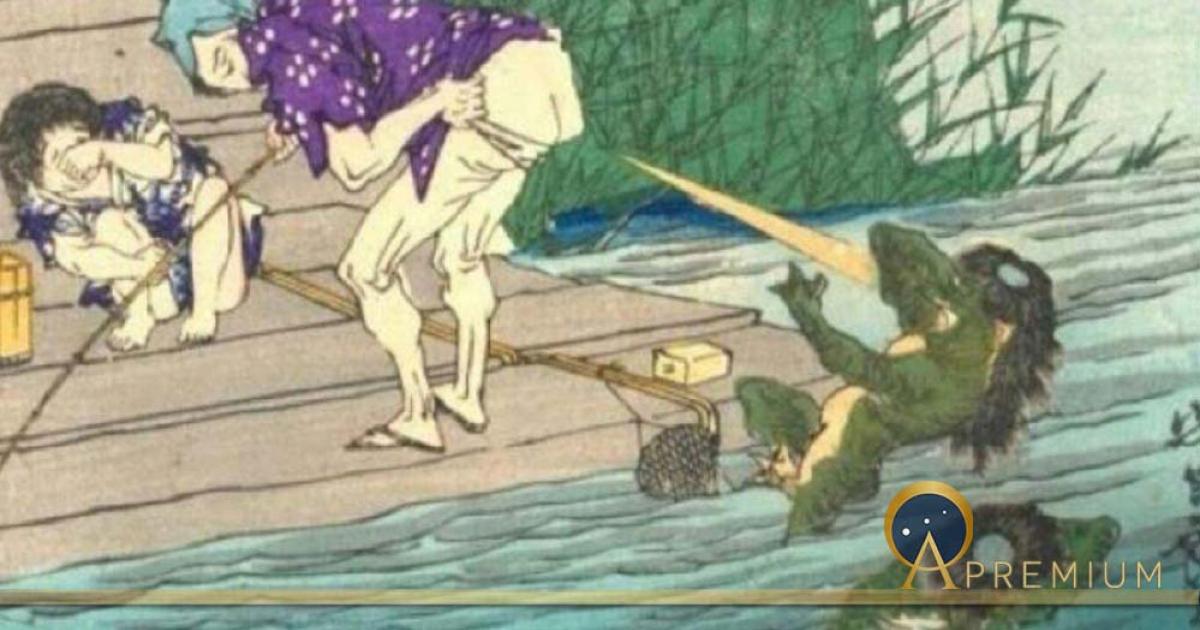 Kappa at the Lumber Yard in Fukagawa / kappa repulsed by stench by Yoshitoshi  (1839–1892). Famous Places and Humorous Images of Modern Life in Tokyo  (Public Domain)