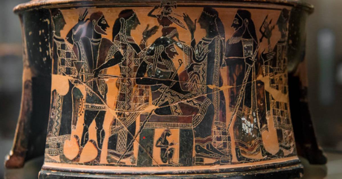 Illustration of the birth of Athena from Zeus’ head, 570-560 BC, decorating a pyxis (ancient Greek jewelry box).