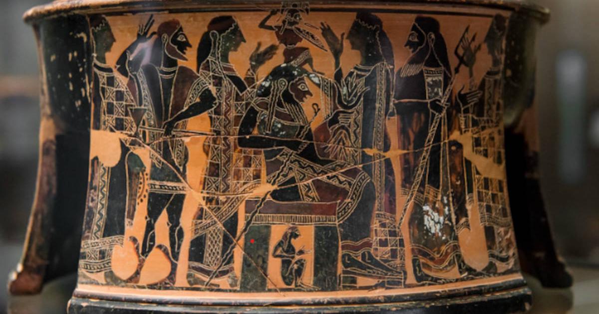 Illustration of the birth of Athena from Zeus’ head, 570-560 BC, decorating a pyxis (ancient Greek jewelry box).