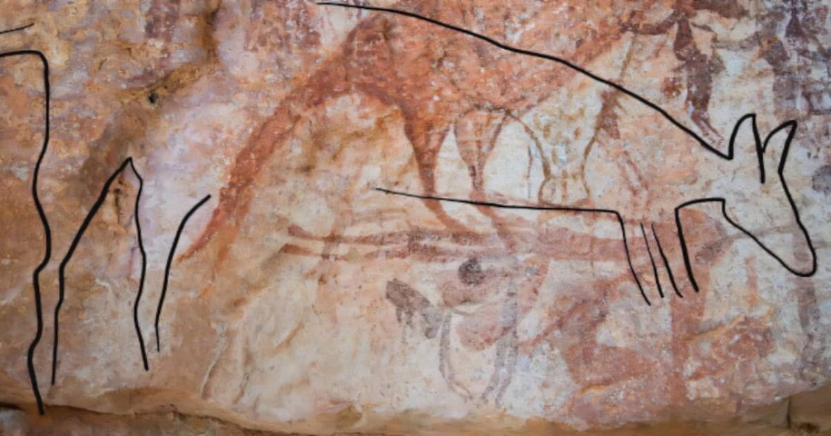 Enhanced Linear Naturalistic Figure animal drawing, superimposed over more complex (but older) Irregular Infill Animal Period (IIAP) animal art.