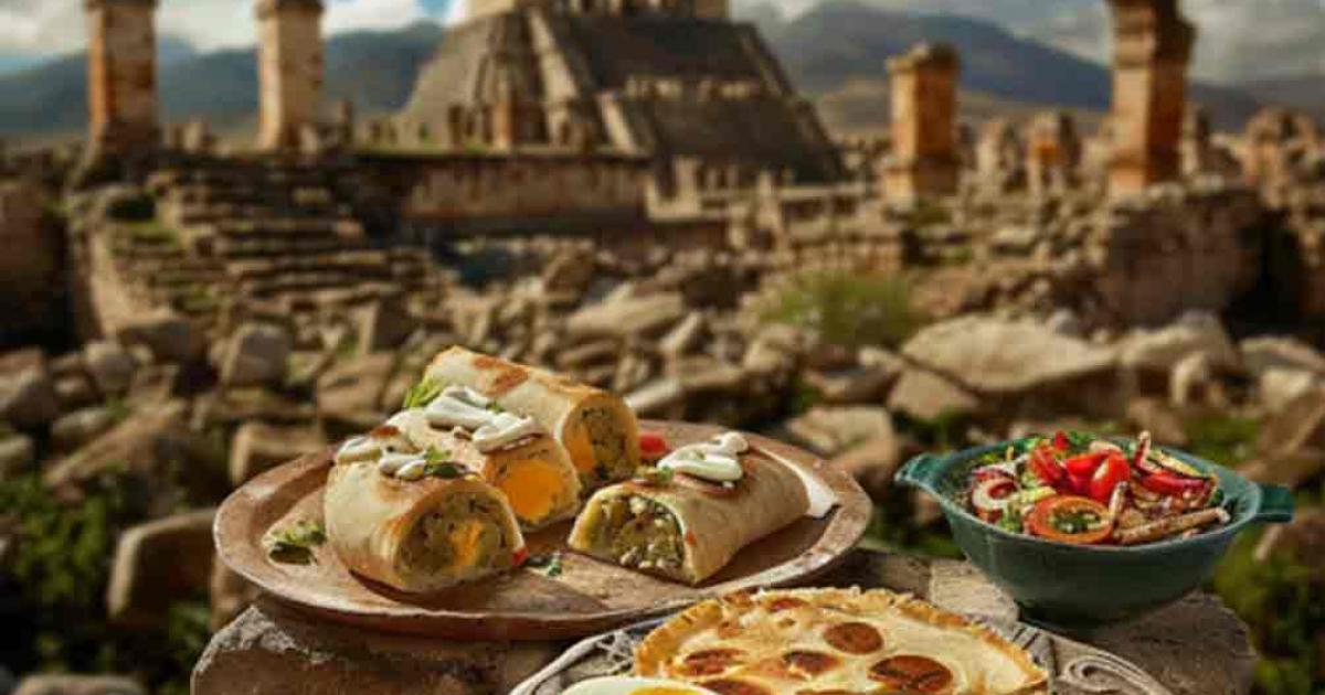 AI image of Aztec cuisine with Aztec empire in the background. Source: Jeannaa/Adobe Stock