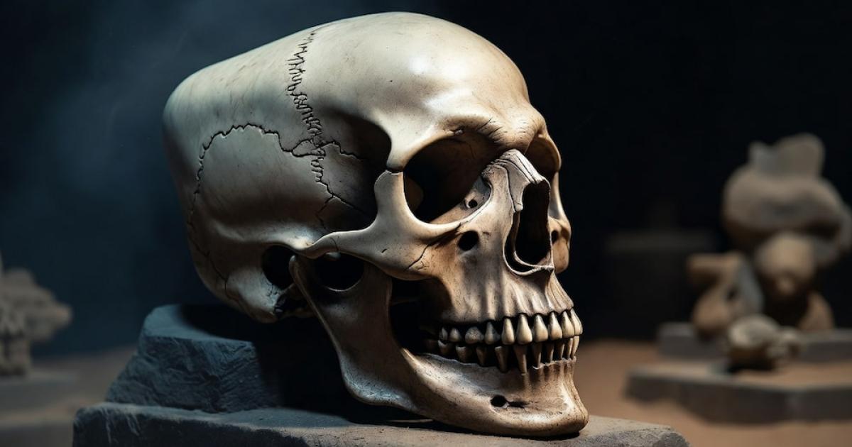 A dramatic, atmospheric close-up of a single elongated Paracas child skull resting on a museum display block. AI-generated image created to illustrate the mysterious and striking appearance of the Paracas elongated skulls.