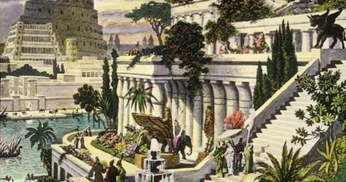Hand-colored engraving of the Hanging Gardens of Babylon (19th Century)