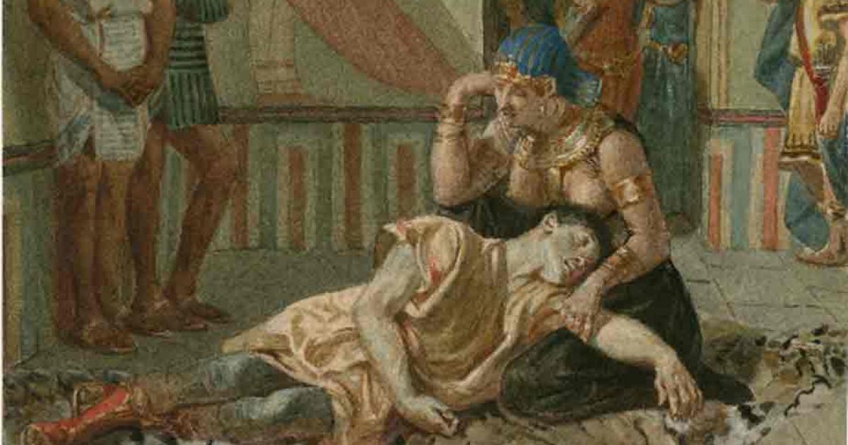 A late 19th-century painting of Act IV, Scene 15 of Shakespeare's Antony and Cleopatra: Cleopatra holds Antony as he dies. Source: Alexandre Bida/ CC BY-SA 4.0 