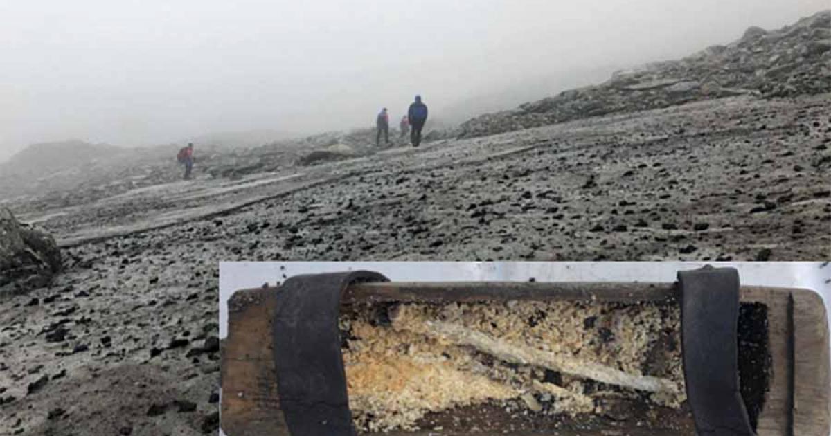 The Lendbreen ice patch. (Espen Finstad, secretsoftheice.com) Insert: The box found at the ice-patchcontaining a well-preserved beeswax candle. (Secrets of the Ice)