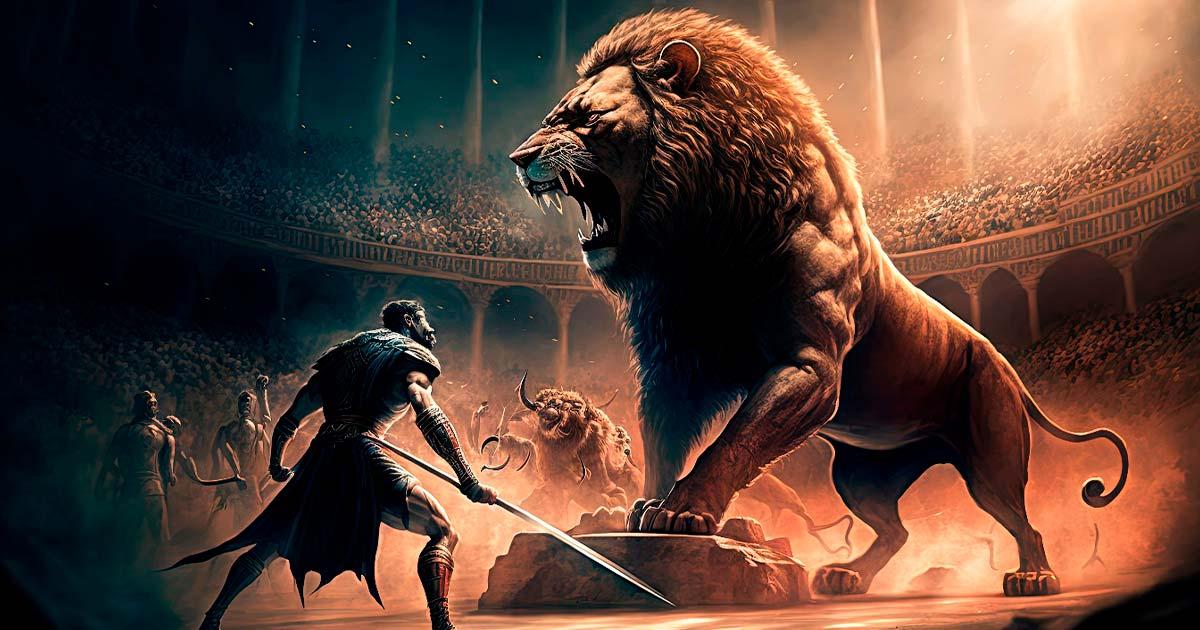 A gladiator bestiaries fighting wild animals in the colosseum. Source: DigitalGenetics / Adobe Stock.