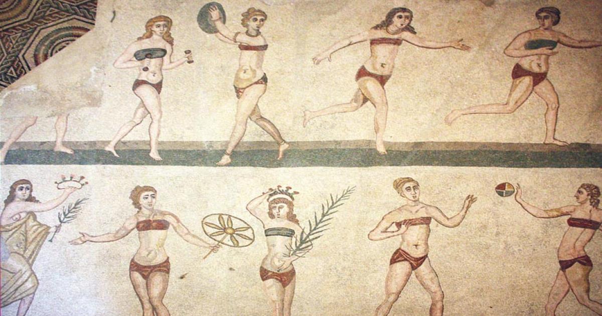 Mosaic of the ‘bikini girls’ from the Villa Romana del Casale, Piazza Armerina, Sicily.