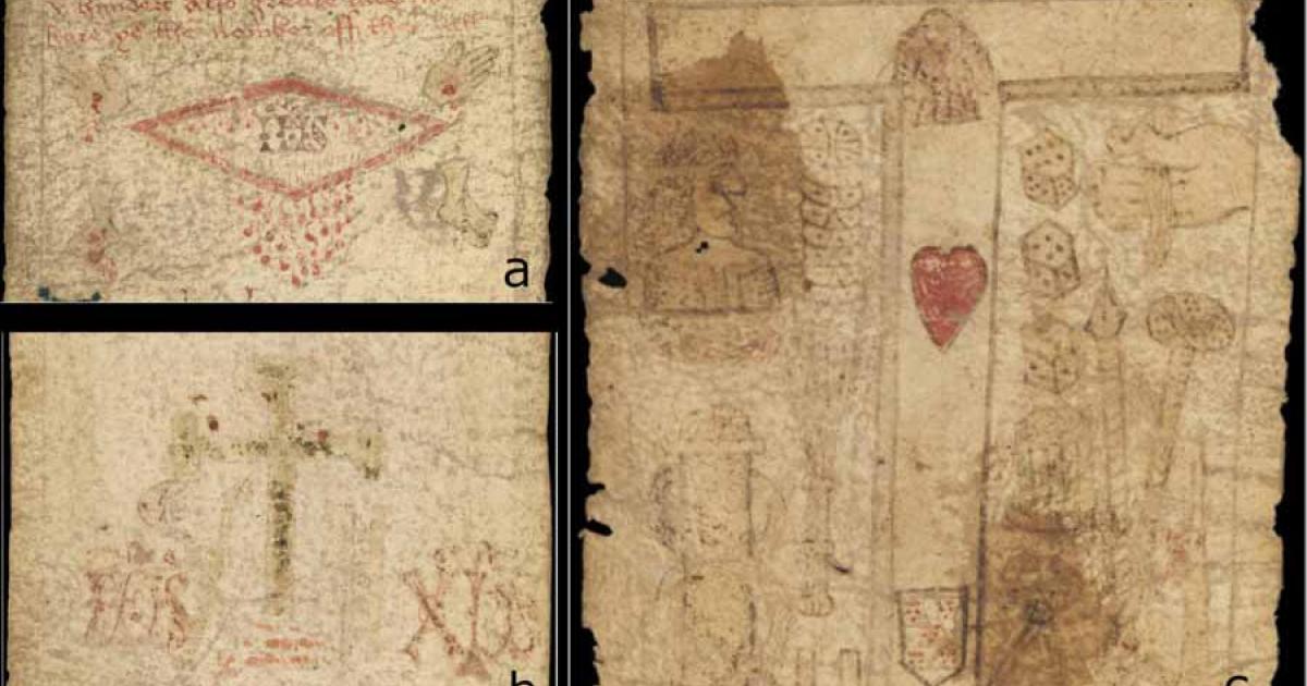 Images of the MS. 632 birthing girdle. a) The dripping side-wound. b) The rubbed away green cross or crucifix. c) Tau cross with red heart and shield.  Source: Courtesy of the Wellcome Collection