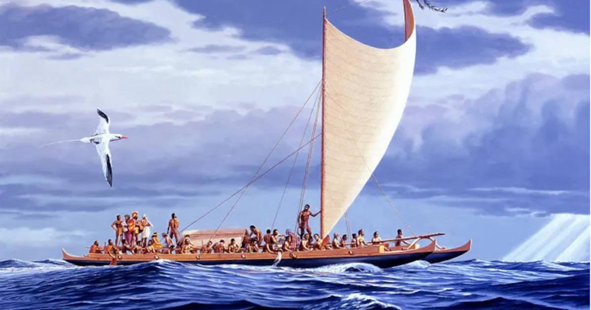 AI-generated image of ancient boat sailing the Pacific Ocean.