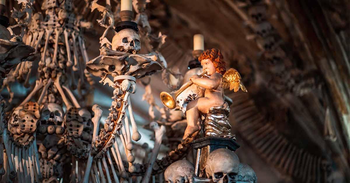 Details at Sedlec Ossuary Interior, Kutna Hora, Czech Republic. Source: diegograndi / Adobe Stock
