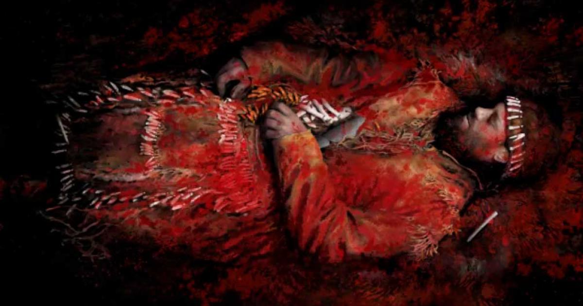 Grave 69, of an adult male, on the island of Yuzhniy Oleniy Ostrov, who had human bone jewelry in his grave. Human and animal bone pendants were found together with an elk tooth pendant. Source: Tom Björklund / University of Helsinki