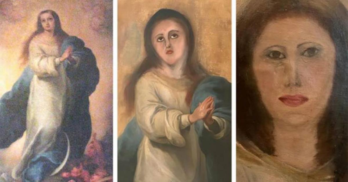 Murillo’s original work (left), the botched restoration and an attempt to fix it. Source: Provided by Collector /Europa Press
