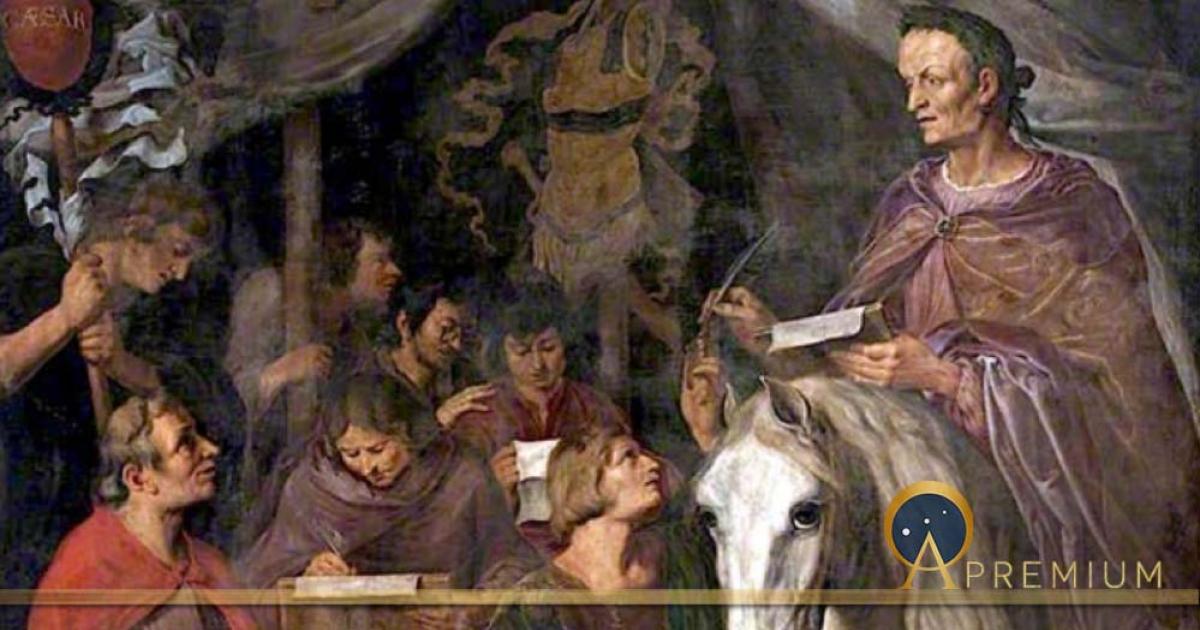 Julius Caesar on Horseback, Writing and Dictating Simultaneously to His Scribes by Jaques de Gheyn II (1629) (Public Domain)