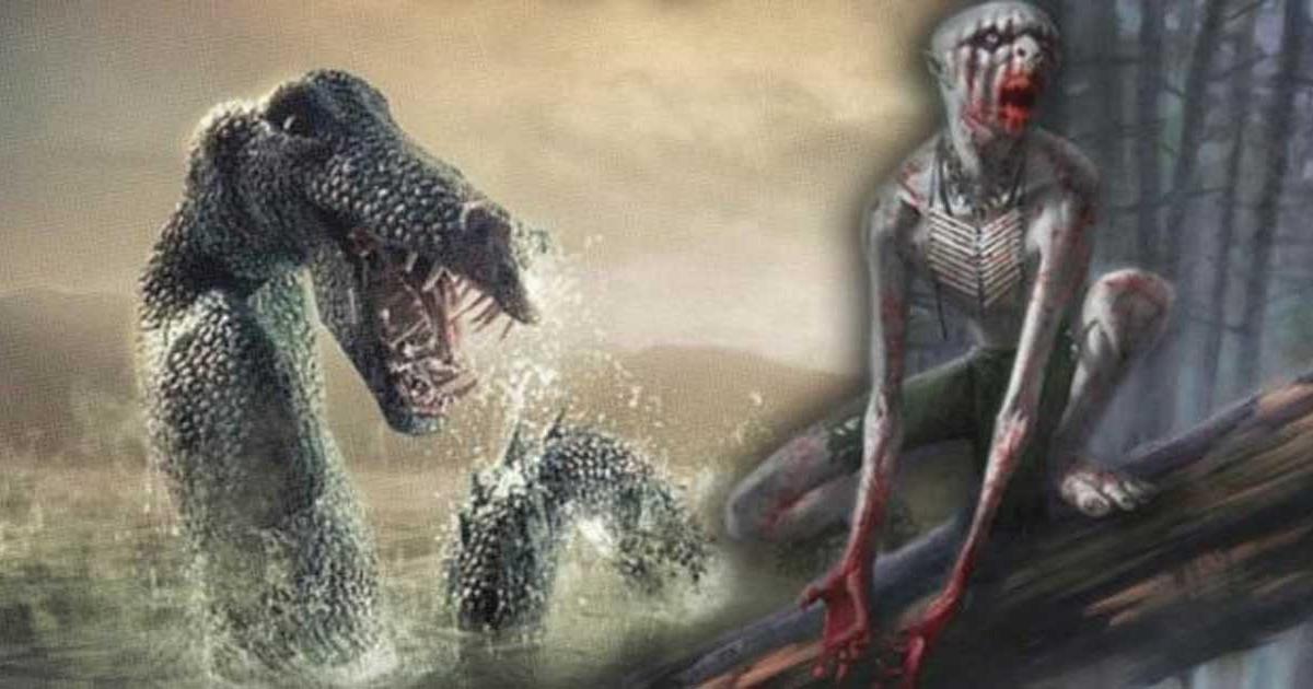 Illustration of Ogopogo and an image of a Wendigo 