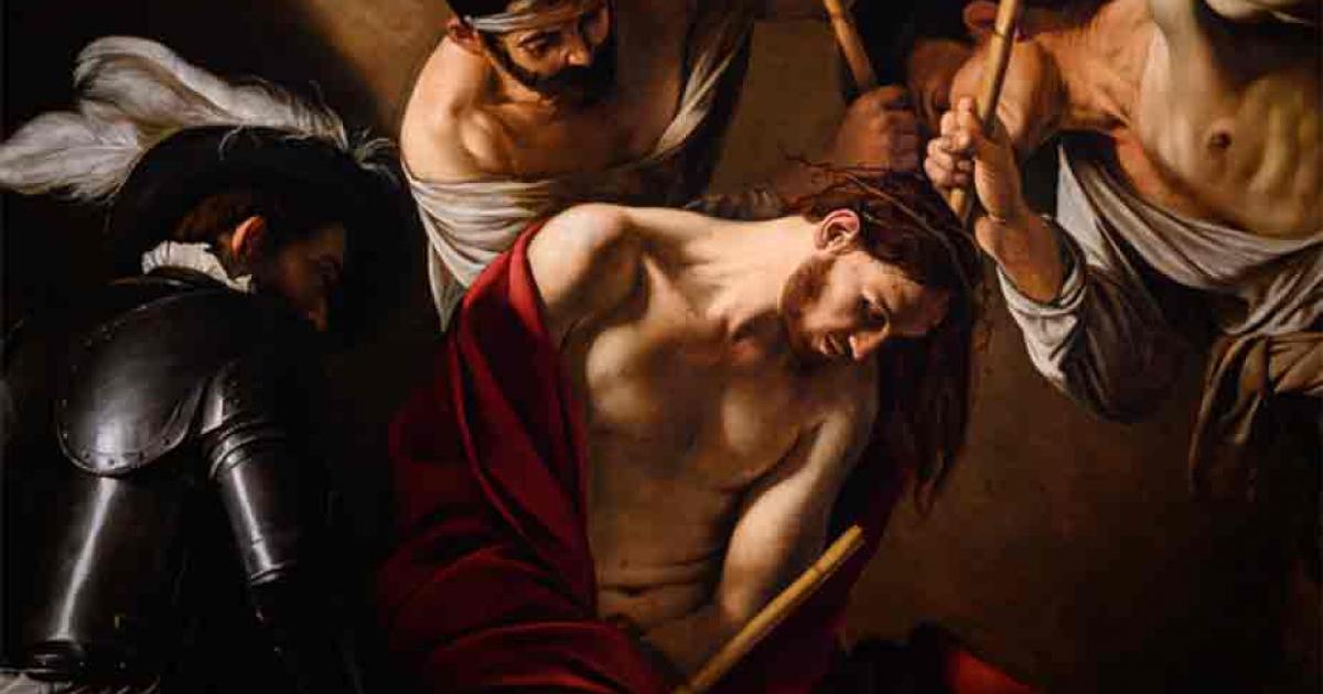 The Crowning with Thorns (c. 1603) by Michelangelo Merisi da Caravaggio (1571–1610).  Kunsthistorisches Museum (Art History Museum) in Vienna. Source: Adam Ján Figeľ/Adobe/Stock