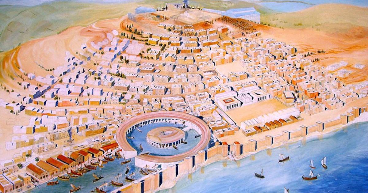 Modern reconstruction of Punic Carthage. The circular harbor at the front is the Cothon, the military port of Carthage, where all of Carthage's warships were anchored.