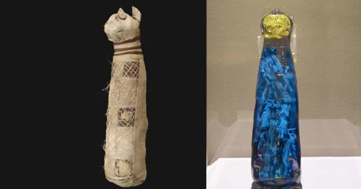 The wrapped cat mummy and the 3D reconstruction of what is hidden inside. Source: Musée des Beaux-Arts de Rennes
