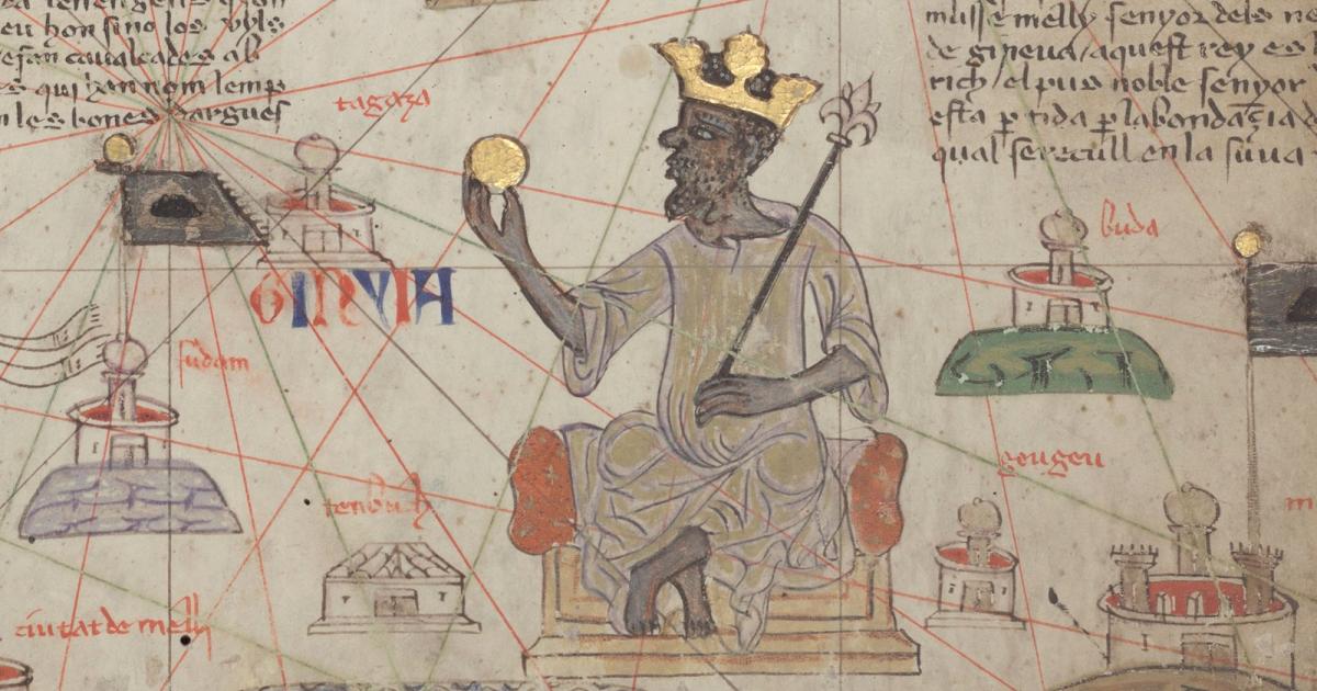 Medieval map detail of a crowned ruler seated on a throne holding a gold disc