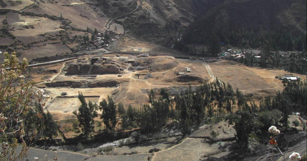 The site of Chavin de Huantar in modern-day Peru, which includes several monumental buildings overseeing a large plaza at an elevation of 10,000 feet (3,000 meters).