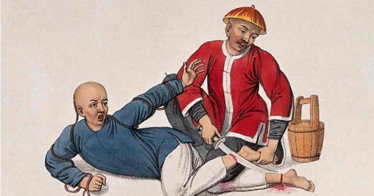A Chinese prisoner who has tried to escape is lying on the ground while a man wearing a red jacket is cutting his ankles with a sword. Colored stipple print by J. Dadley, 1801.Source: Wellcome Collection/ Public Domain
