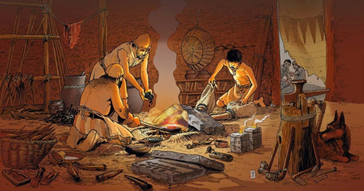 Illustration representing a ‘Bronze Age workshop in the 9 to 10th Centuries BCE’. A circular economy can be traced back as far as the Bronze Age, or perhaps earlier.