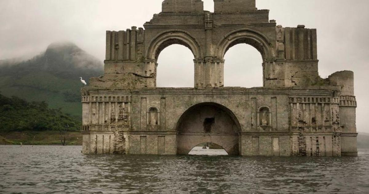 A photograph of the colonial church that has emerged out of the Nezahualcoyotl reservoir in Chiapas, Mexico