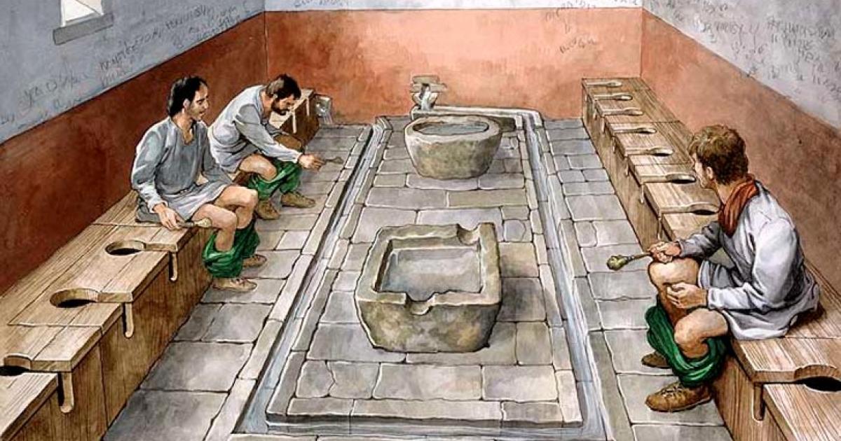 Reconstruction drawing of the communal latrines at Housesteads Roman fort (Vercovicium) on Hadrian's Wall. This site is now in the care of English Heritage (2010).
