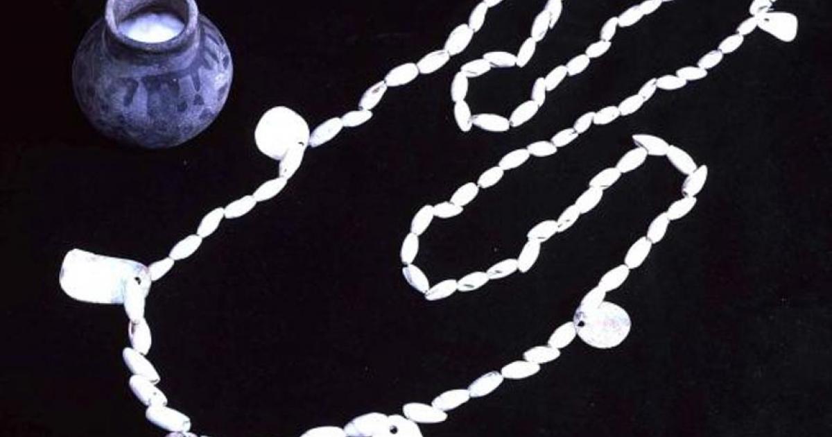 A conus shell necklace with abalone pendants and the pot in which it was found.