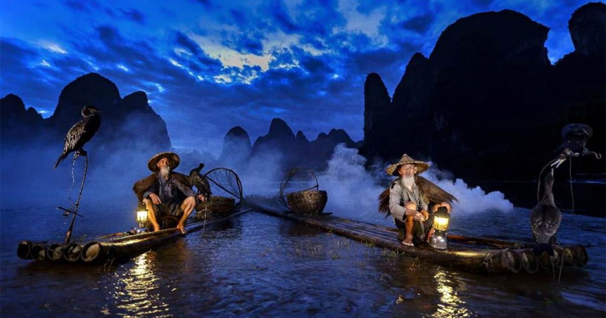 Cormorant fishing on the Li River during the blue hour of dawn, Guangxi, China. (stveak /Adobe Stock)