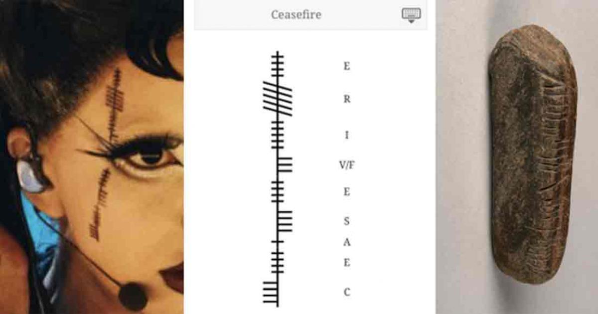 Left; Ogham script on Bambie Thug cheek, Middle; translation, Right; Ogham stone found in Coventry. 	Source: Left, center; Reddit Right; The Herbert Art Gallery and Museum