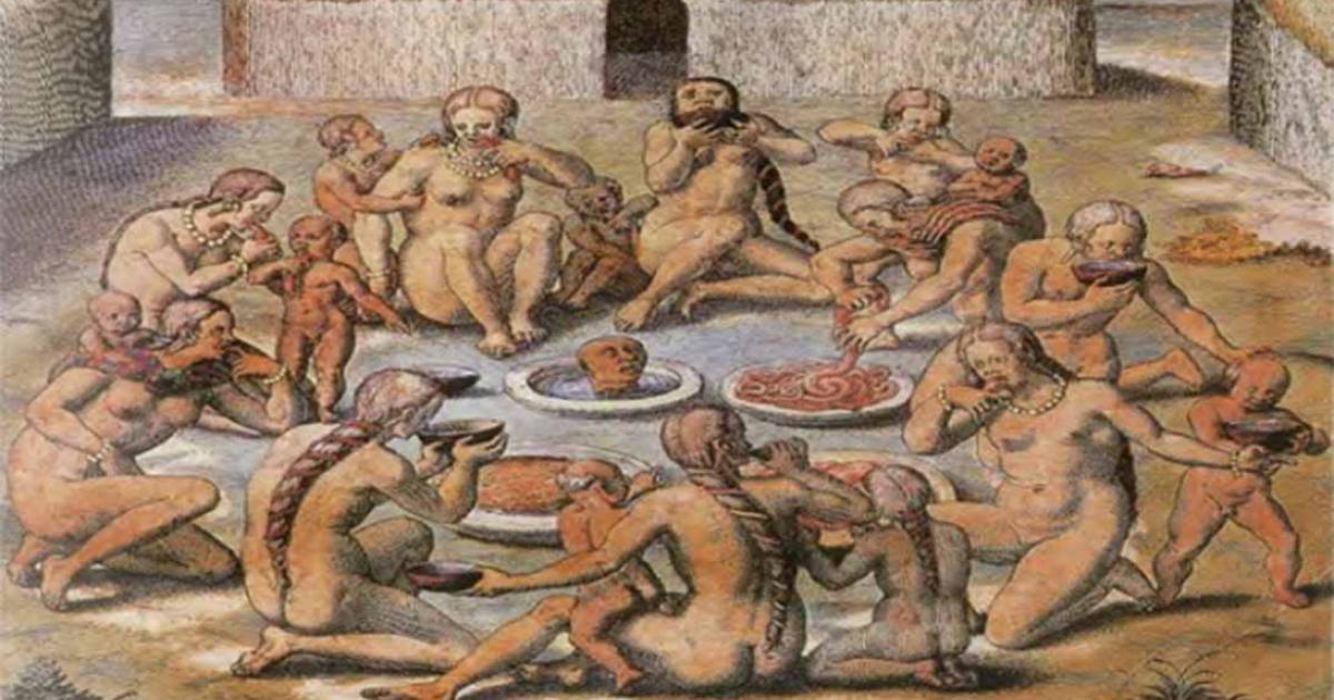 Scene of cannibalism based on European accounts of expeditions to the Americas from America tertia pars by Theodor de Bry, circa 1592. Source: Public domain
