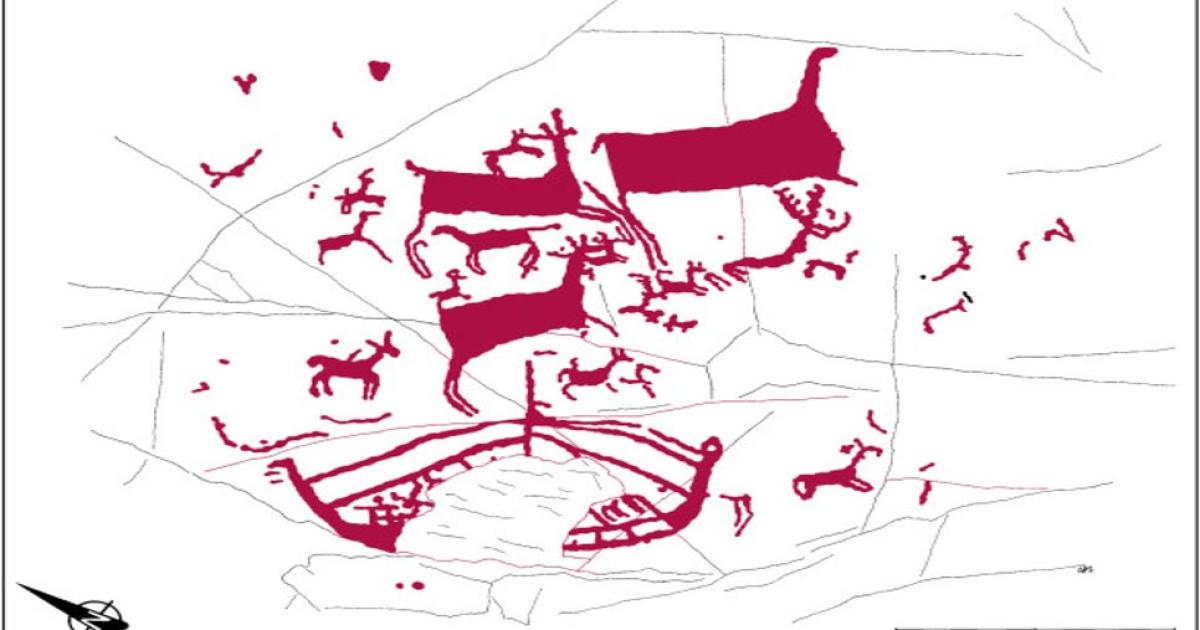 The boat, at the bottom of this drawing of the rock art, shows a mast and probable rowing stations. 