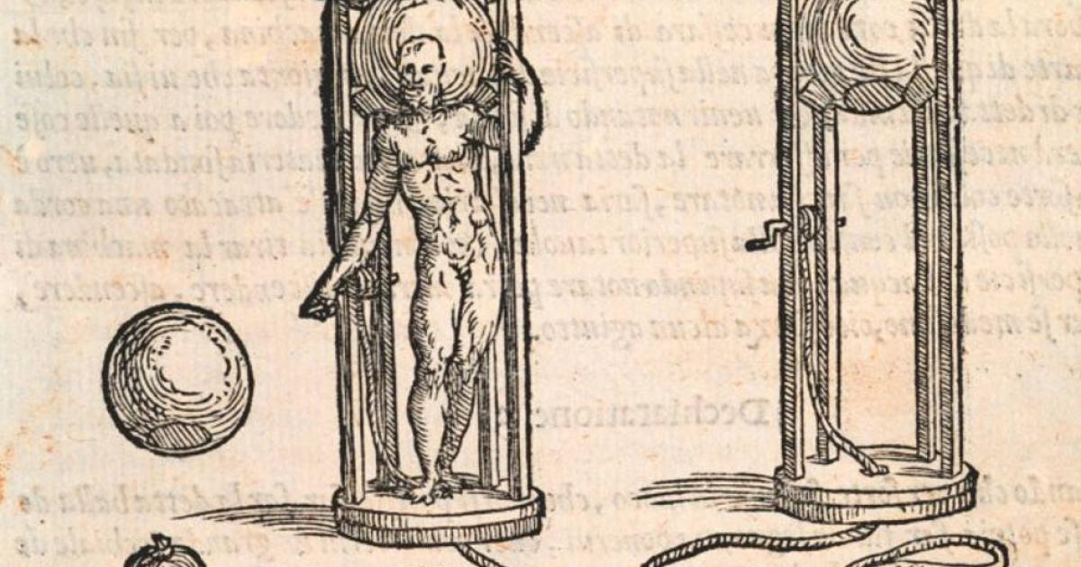 An early diving bell used by 16th Century divers during salvage operations. The book this came from is a text on ship salvage and includes diving information.