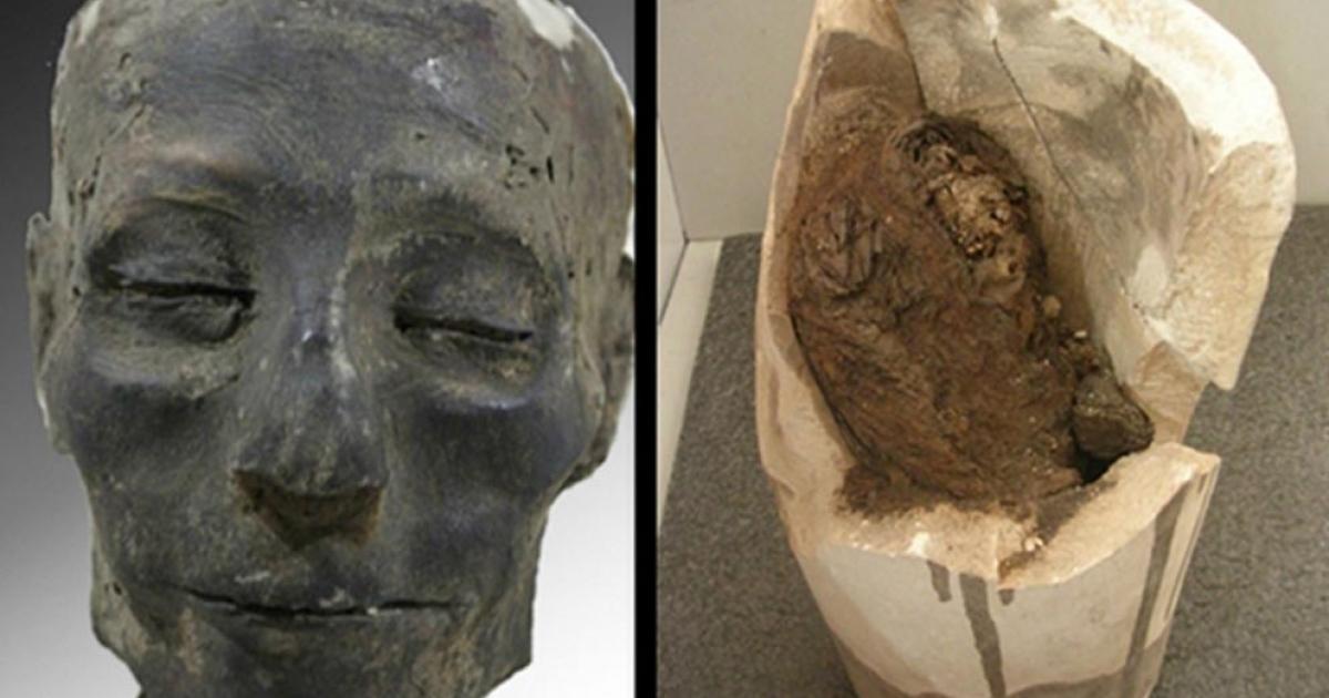 The head of Nebiri with a broken canopic jar containing his lungs 