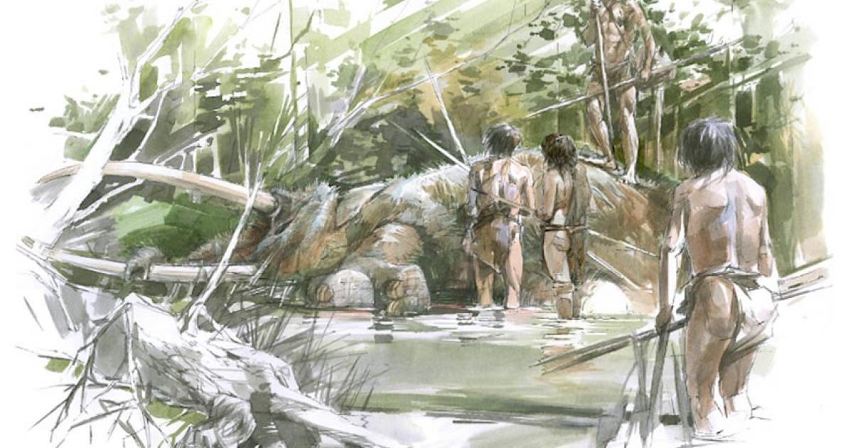 Reconstruction of the Schöningen lakeshore as the humans discovered the elephant's skeleton.          Source: ©Benoit Clarys Tubingen University