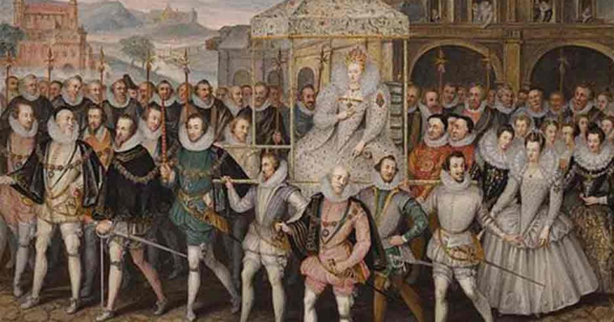 The Procession Picture, c. 1600, showing Elizabeth I borne along by her courtiers. Source: Public Domain