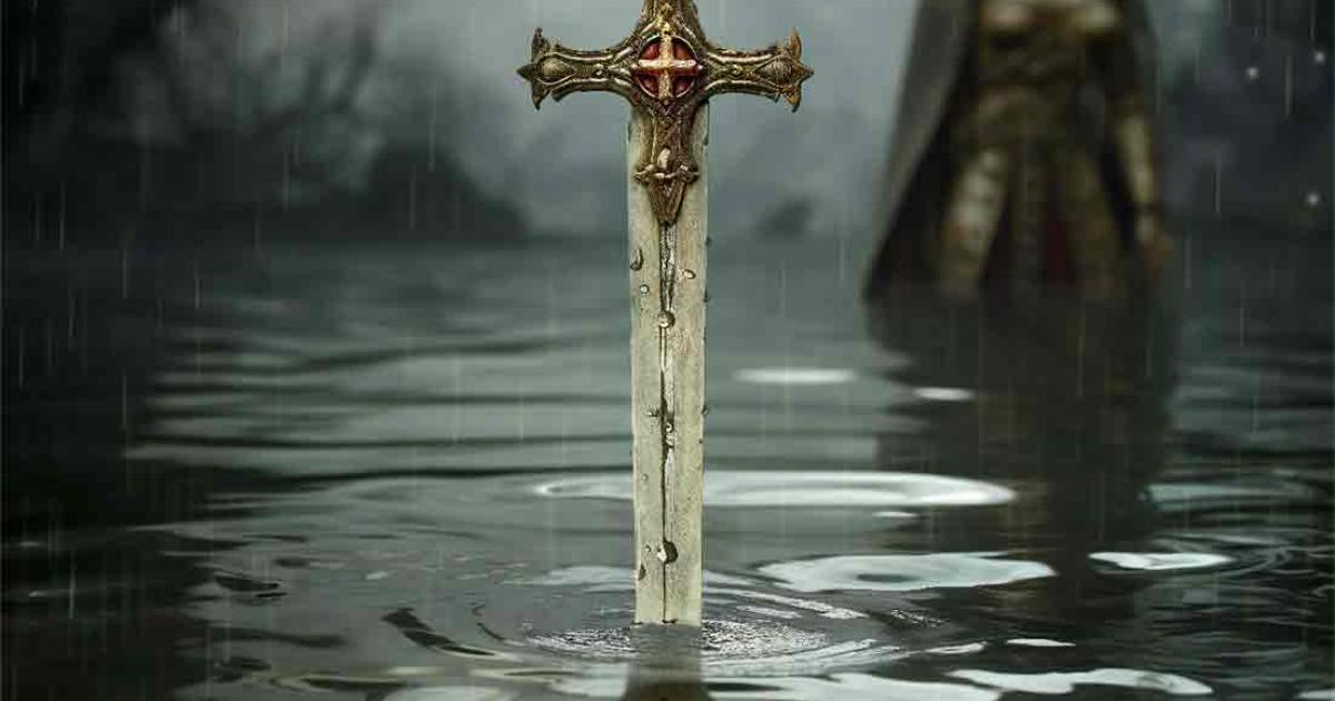 Artistic recreation of the legendary sword Excalibur coming out lake, generated by AI.	Source: Manuel Mata/Adobe Stock