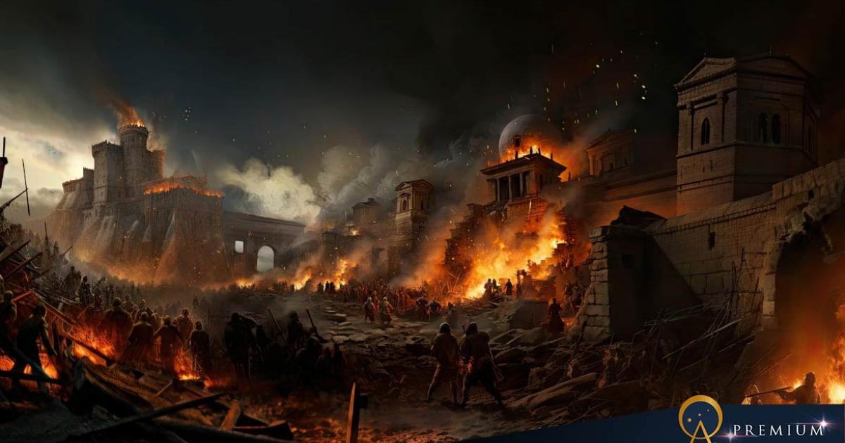 The fall of an ancient city by war. 