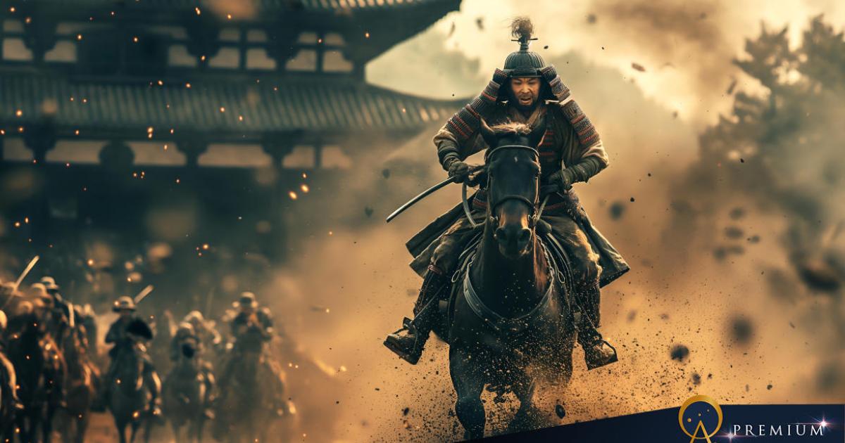 AI image of Japanese samurai riding a horse in battle. 