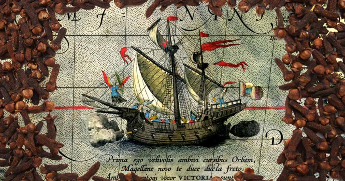 Composite image cloves layered over map representing the Magellan-Elcano expedition in the Nao Victoria. Source: Benjamin LEFEBVRE / Adobe Stock & Public domain