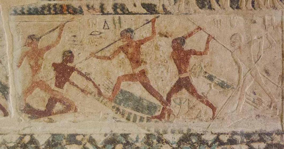 Depiction of fishermen jousting in the Mastaba tomb of Niankhkhnum and Khnumhotep, Saqqara, Egypt. Source: kairoinfo4u / CC BY-NC-SA 2.0