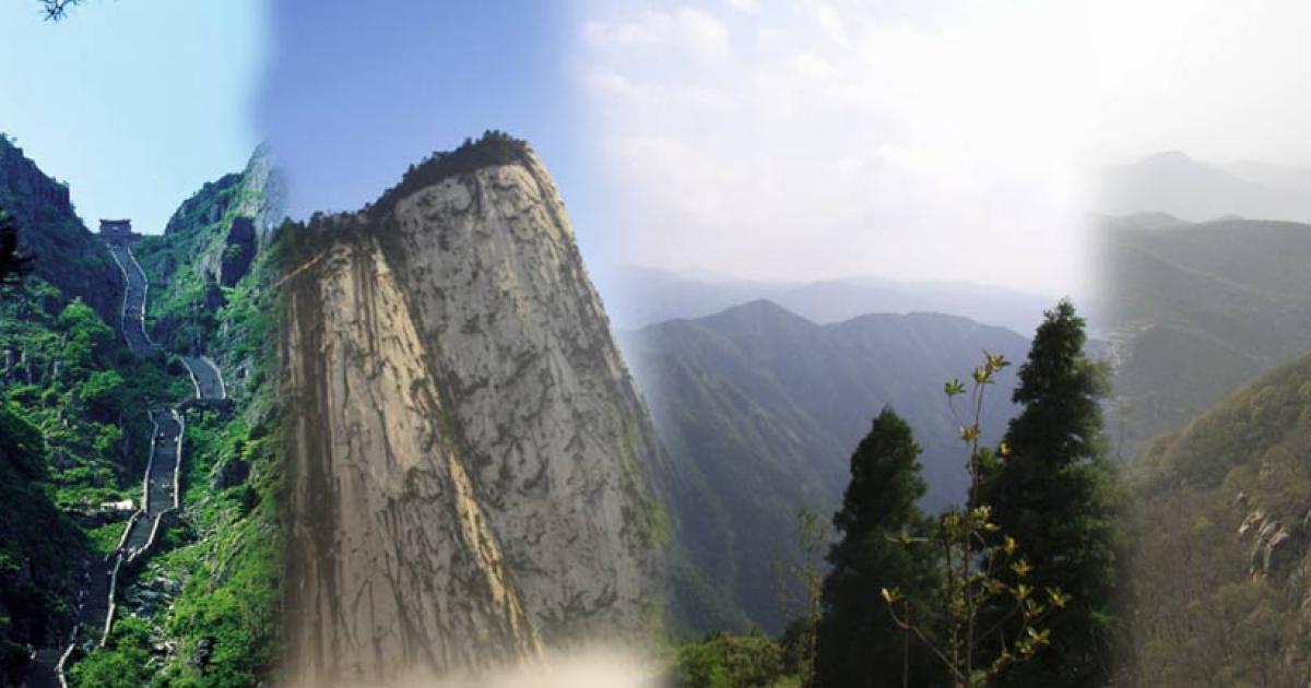From left- Mount Tai (Public Domain), Mount Hua (CC BY 2.5), Heng Shan (CC BY-SA 3.0), and Mount Song