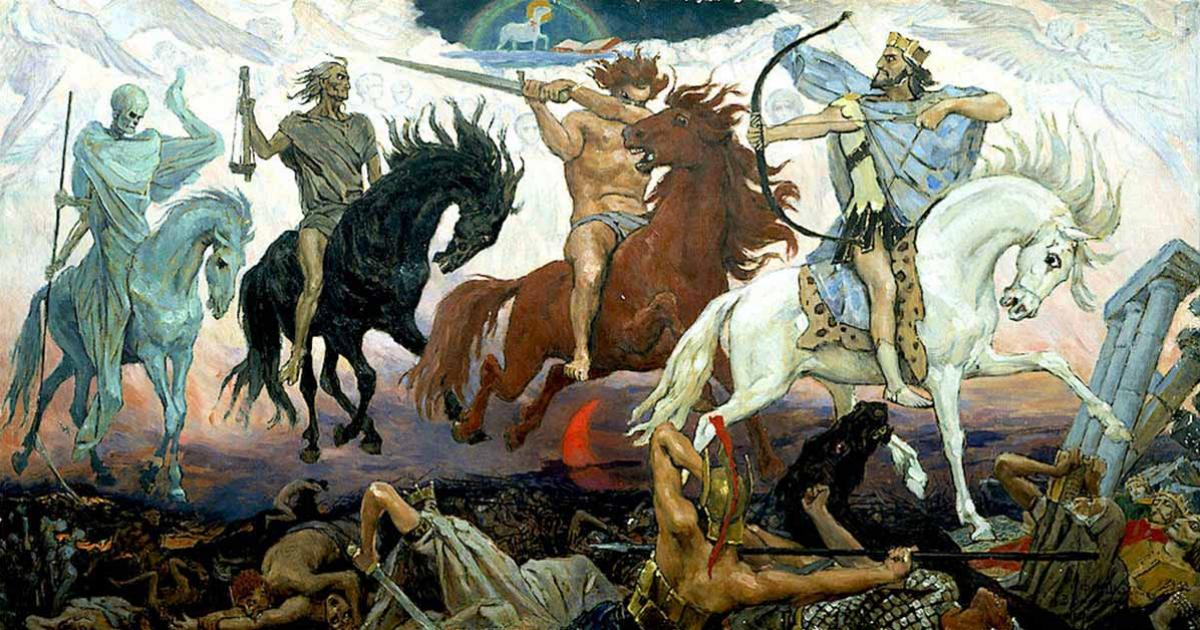 Each of the Four Horsemen of the Apocalypse represent different aspects of the cleansing of the Earth, by Russian painter Viktor Vasnetsov. Source: Public domain