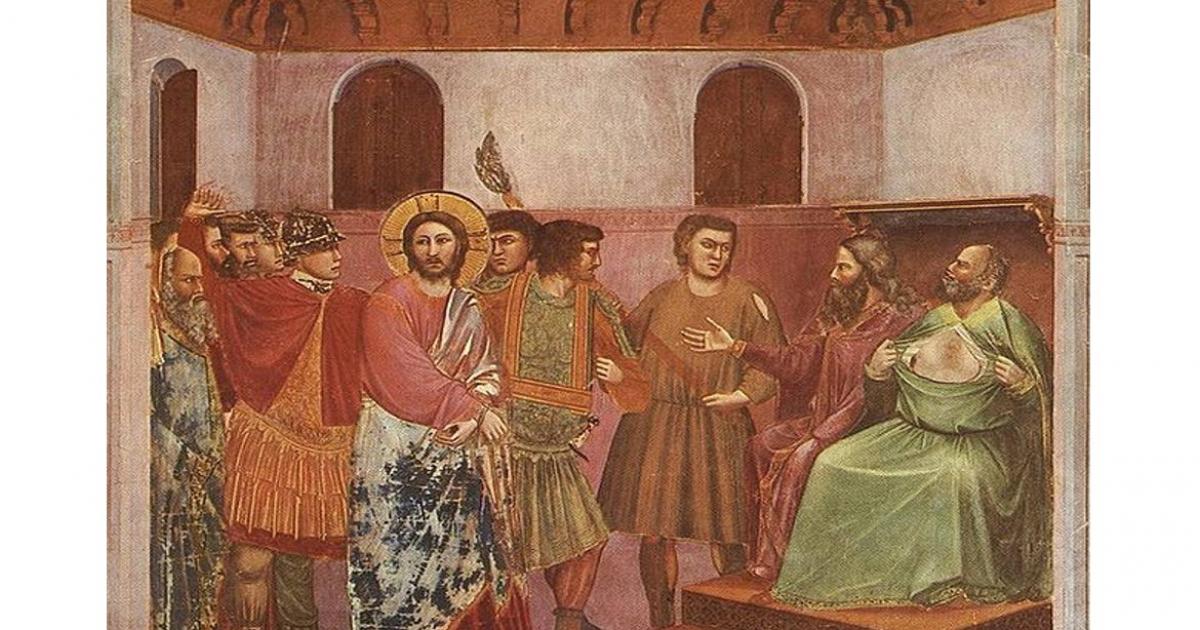 The High Priest is depicted tearing his robe in grief at Jesus' perceived blasphemy. Was this a calculated move to stop secrets from being revealed? Fresco, Giotto di Bondone (1267-1337). 