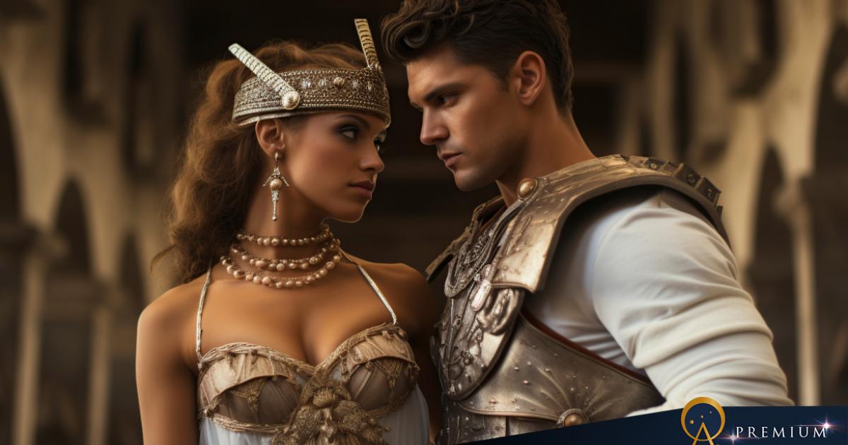 AI image of a beautiful woman with a gladiator.