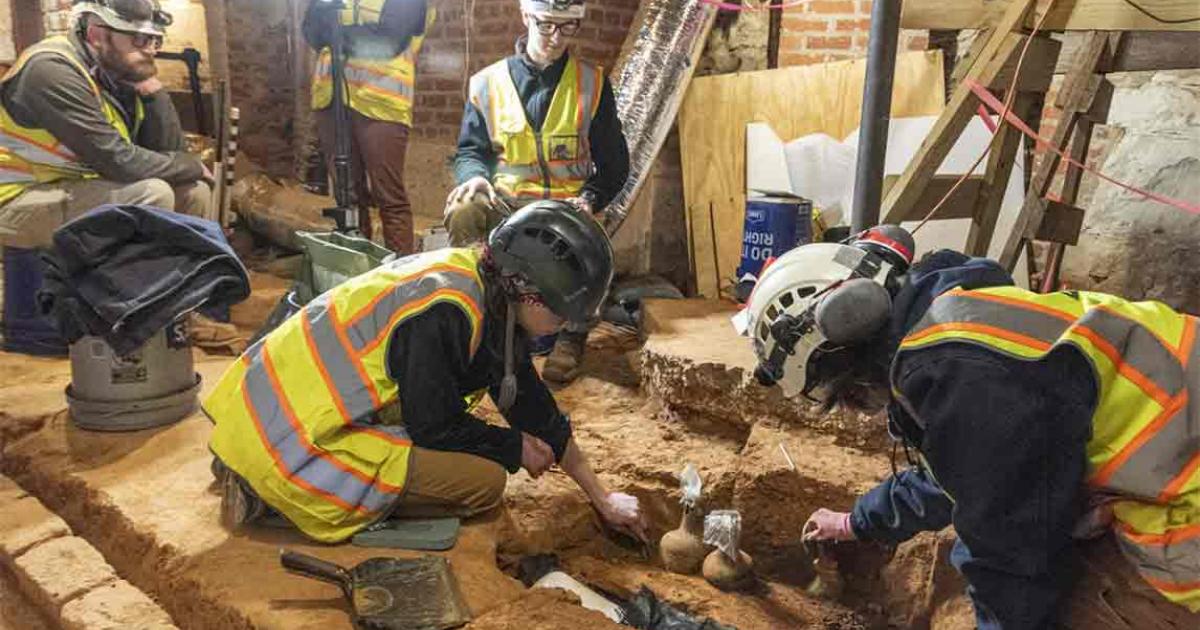 As part of the groundbreaking $40 million Mansion Revitalization Project funded by private donors, archaeologists unearth two intact, sealed 18th-century glass bottles at George Washington's Mount Vernon estate. Source: Mount Vernon Ladies' Association