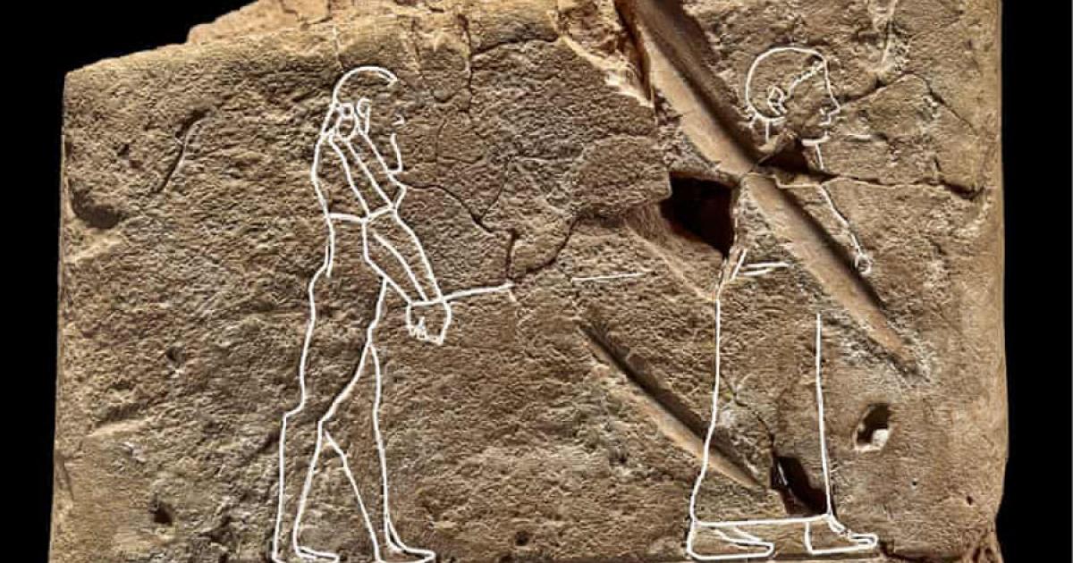 The British Museum’s long misunderstood 3500-year-old Babylonian tablet reveals a male ghost image on the left led by a woman on the right.	Source: The British Museum