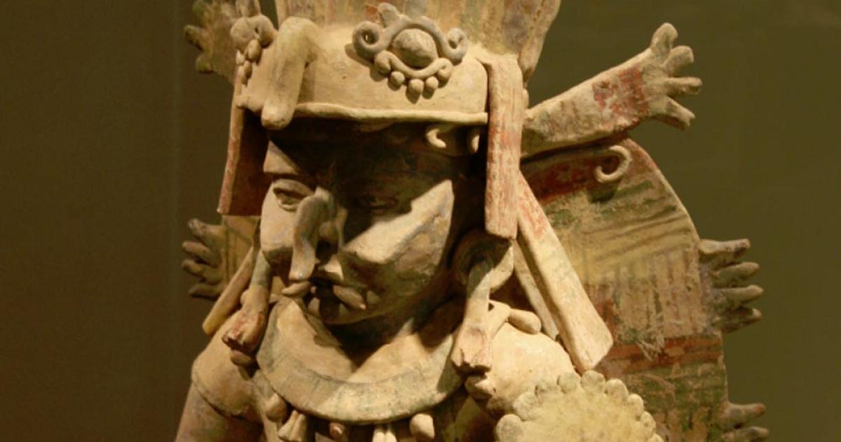 Terra cotta image of Maya Rain God Chac at San Francisco's de Young museum. 