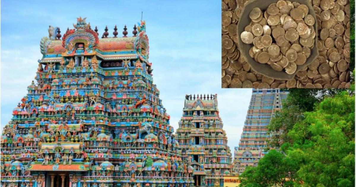 Main: Beautiful Gopuras in the Hindu Jambukeswarar Temple in Trichy (Tiruchirapalli), Tamil Nadu, South India, where the gold coin hoard was found.   Source: little_mouse / Adobe stock.         Inset: Representation of the gold coin hoard found at the temple.           Source: Portable Antiquities Scheme / CC BY 2.0.